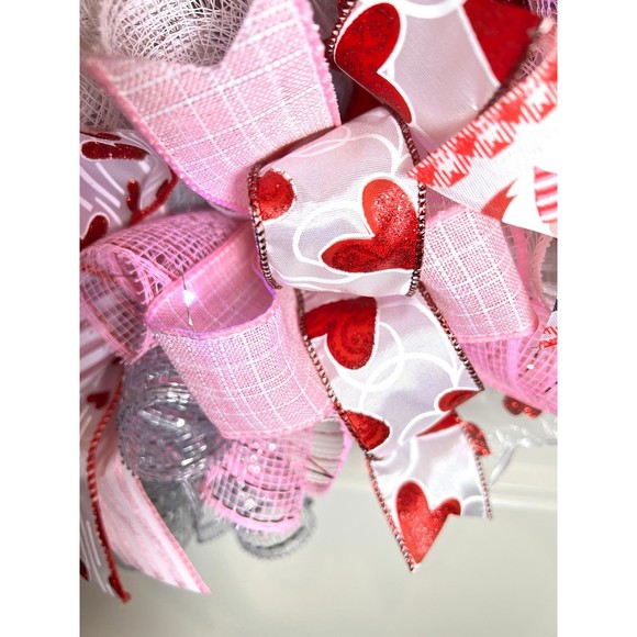 XL Handmade Be My Valentine Gnome Hearts Ribbon Prelit Wreath 26 ins LED XLW6 - Picture 10 of 12